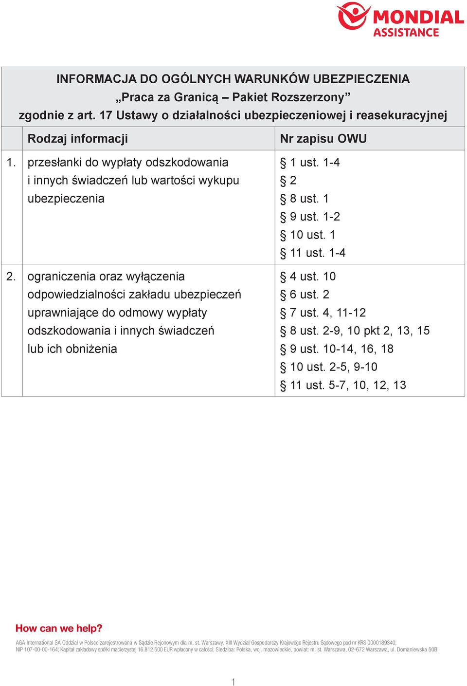 przesłanki do wypłaty odszkodowania i innych świadczeń lub wartości wykupu ubezpieczenia 2.