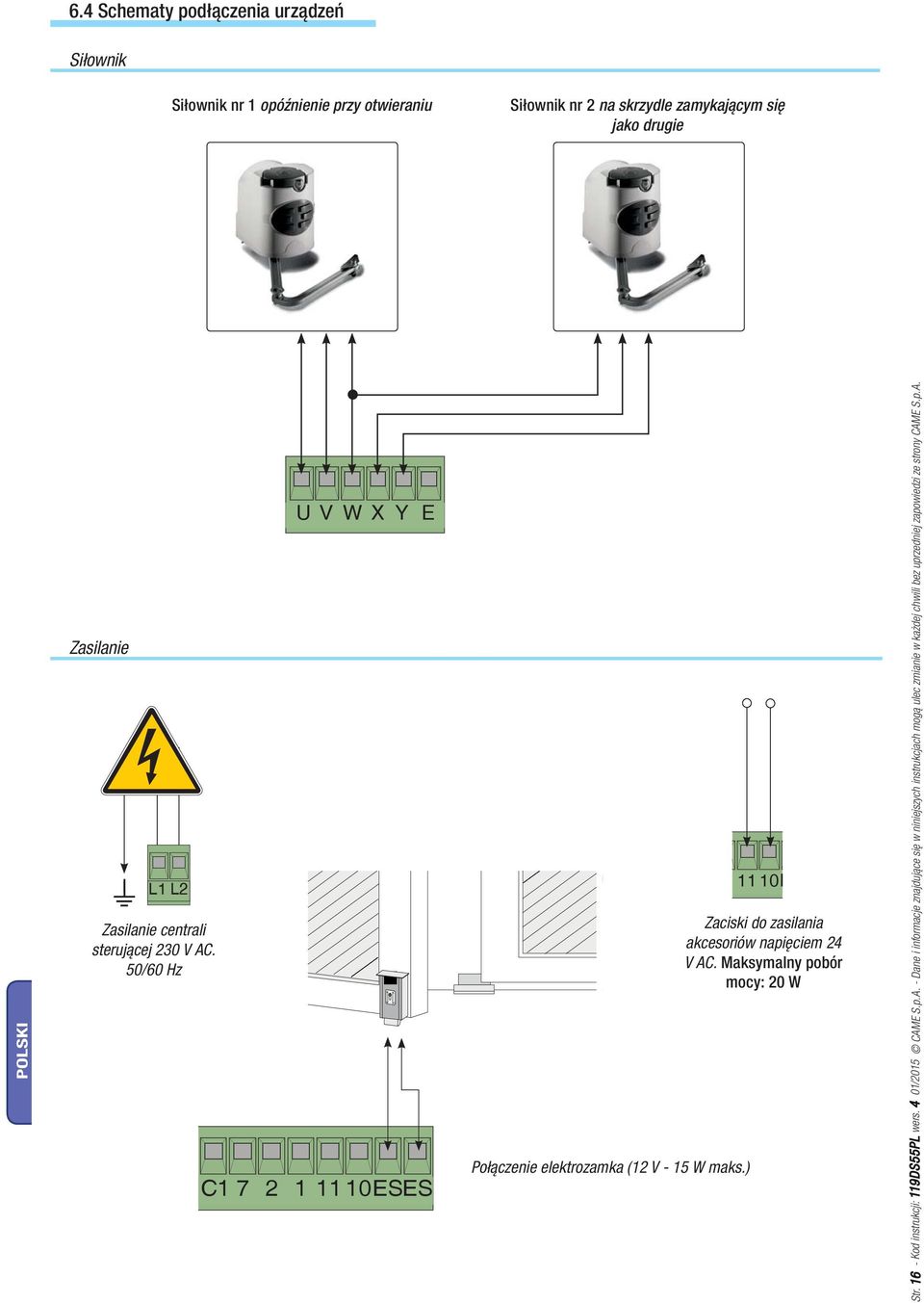 ) 11 10E Zaciski do zasilania akcesoriów napięciem 24 V AC. Maksymalny pobór mocy: 20 W Str. 16 - Kod instrukcji: 119DS55PL wers.