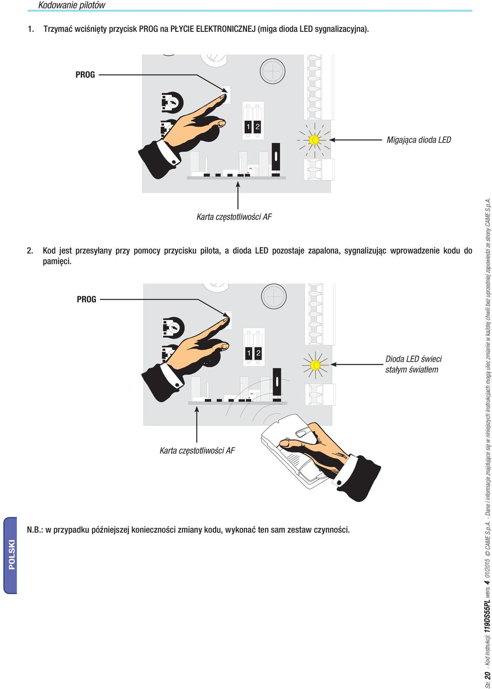 Kod jest przesyłany przy pomocy przycisku pilota, a dioda LED pozostaje zapalona, sygnalizując wprowadzenie kodu do pamięci. Karta częstotliwości AF N.B.