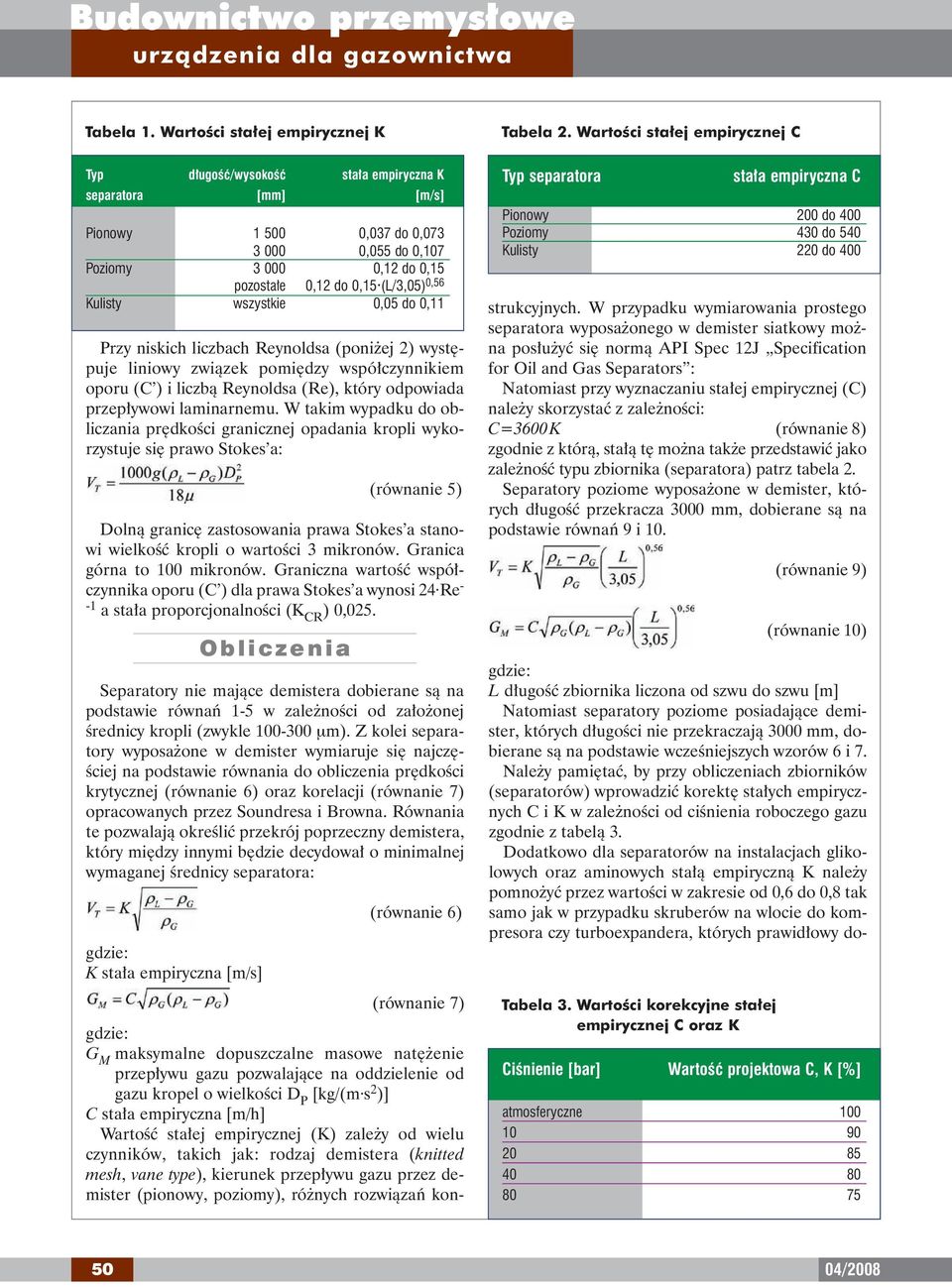 (L/3,05) 0,56 Kulisty wszystkie 0,05 do 0,11 Przy niskich liczbach Reynoldsa (poni ej 2) wyst puje liniowy zwiàzek pomi dzy wspó czynnikiem oporu (C ) i liczbà Reynoldsa (Re), który odpowiada przep