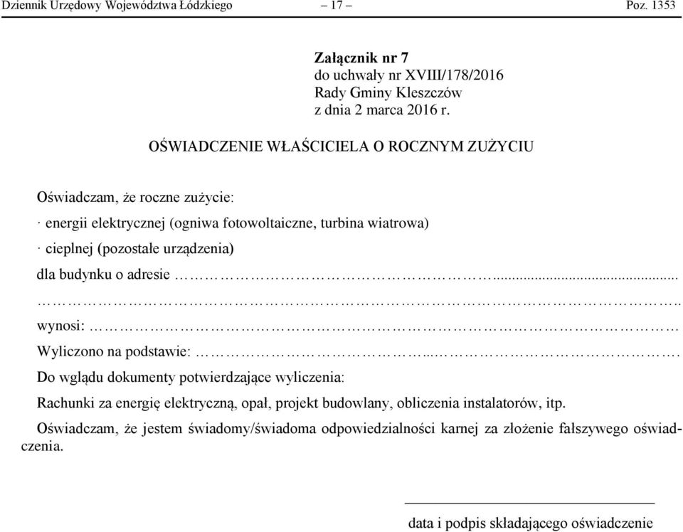 urządzenia) dla budynku o adresie..... wynosi: Wyliczono na podstawie:.