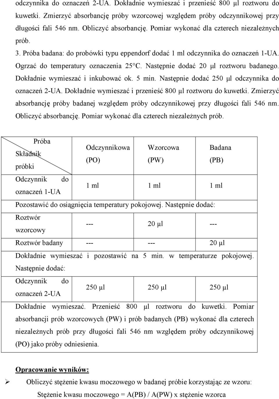 Nast"pnie doda1 20 µl roztworu badanego. Dok%adnie wymiesza1 i inkubowa1 ok. 5 min. Nast"pnie doda1 250 µl odczynnika do oznacze 2-UA. Dok%adnie wymiesza1 i przenie*1 800 Al roztworu do kuwetki.