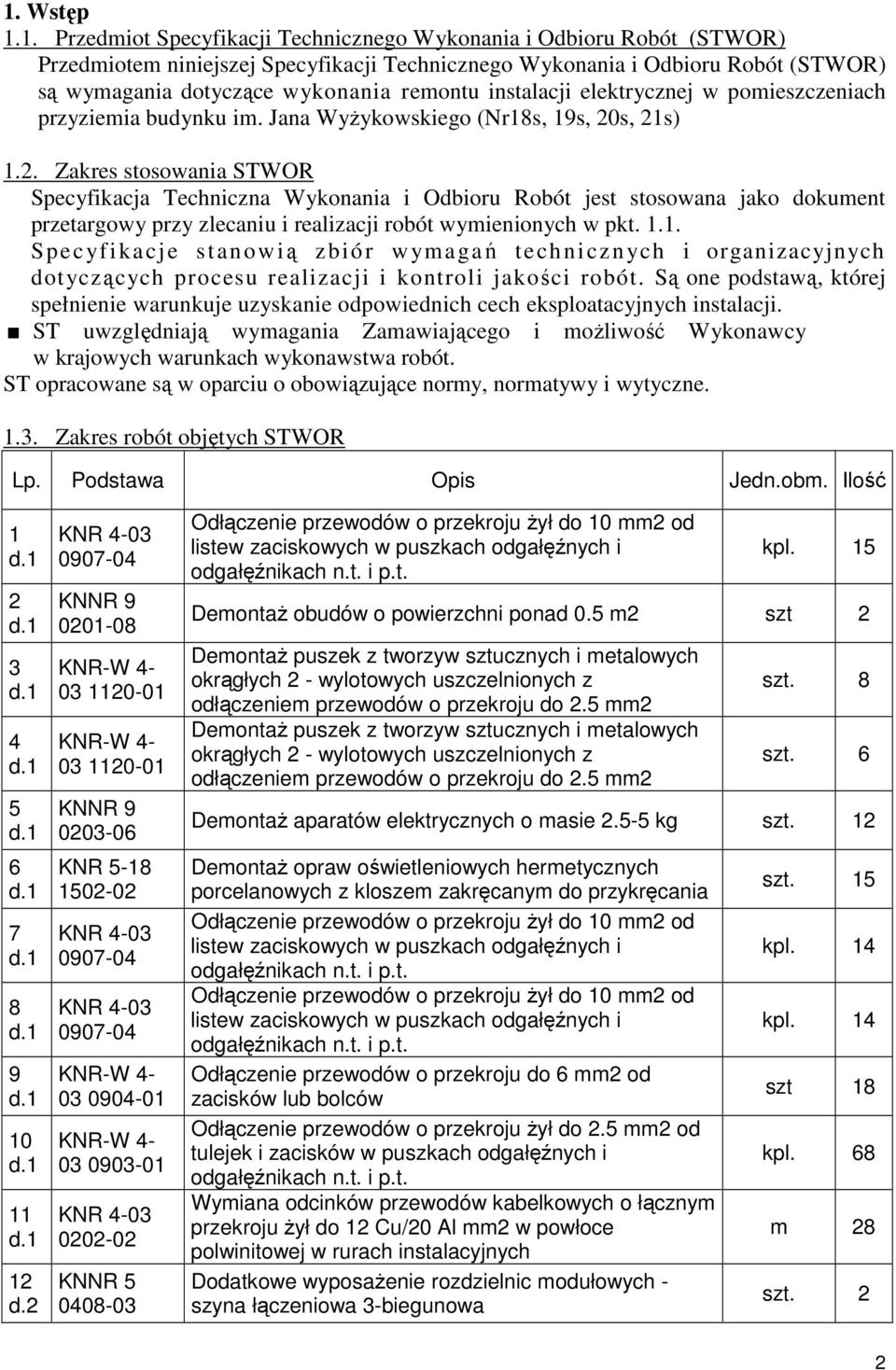 s, 21s) 1.2. Zakres stosowania STWOR Specyfikacja Techniczna Wykonania i Odbioru Robót jest stosowana jako dokument przetargowy przy zlecaniu i realizacji robót wymienionych w pkt. 1.1. Specyfikacje stanowią zbiór wymagań technicznych i organizacyjnych dotyczących procesu realizacji i kontroli jakości robót.