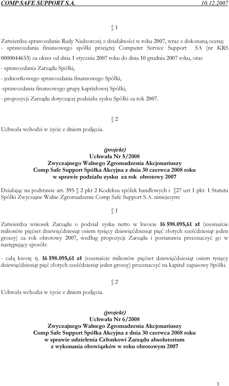 propozycji Zarządu dotyczącej podziału zysku Spółki za rok 2007. Uchwała wchodzi w życie z dniem podjęcia.