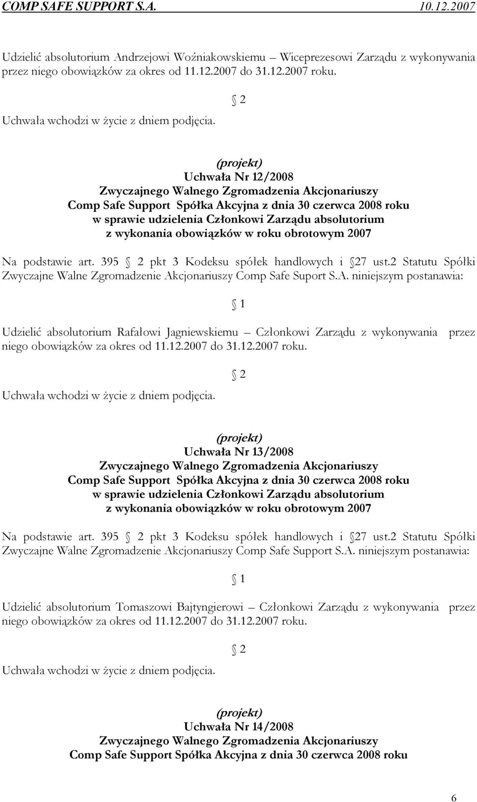 wykonania obowiązków w roku obrotowym 2007 Na podstawie art. 395 2 pkt 3 Kodeksu spółek handlowych i 27 ust.2 Statutu Spółki Zwyczajne Walne Zgromadzenie Ak