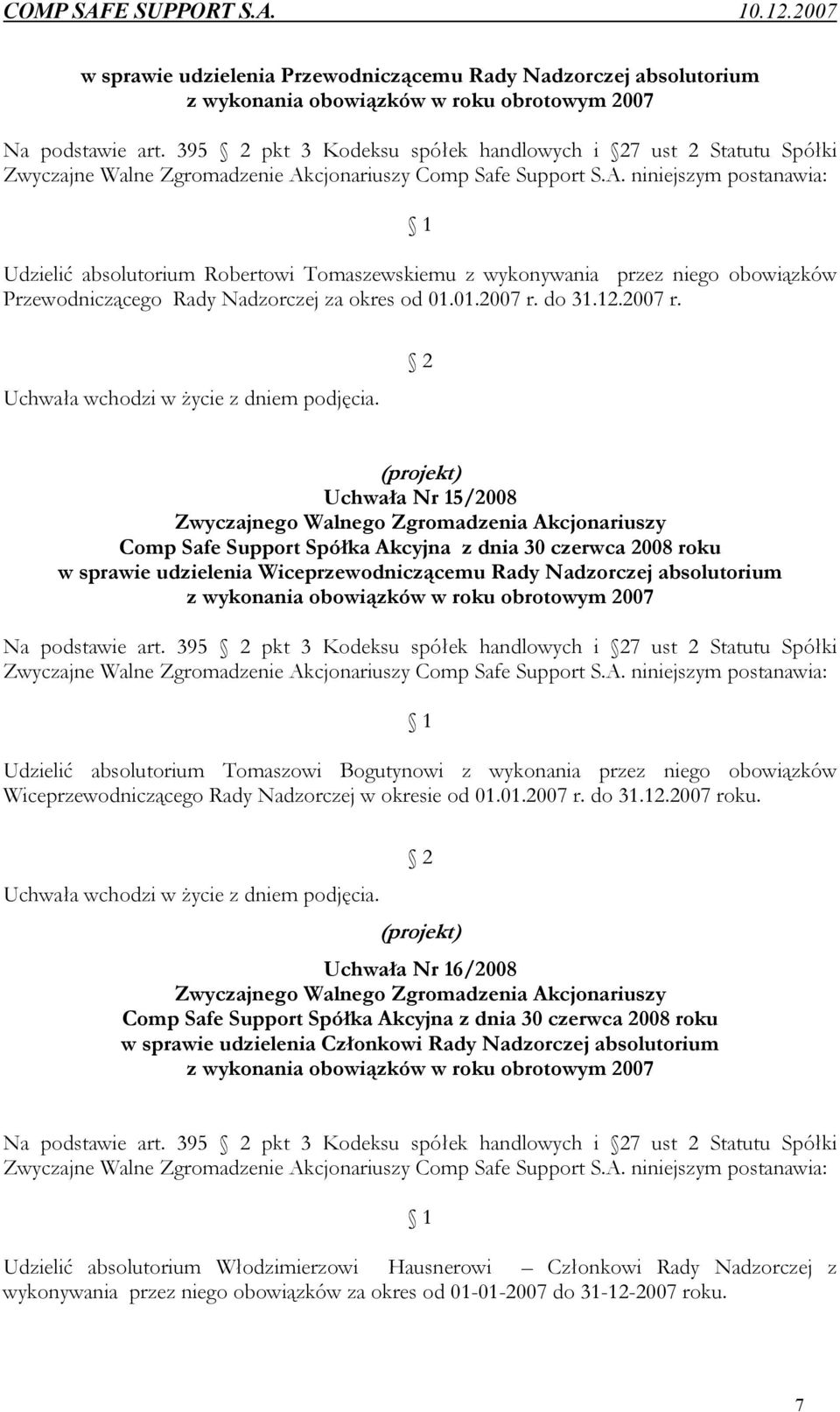 cjonariuszy Comp Safe Support S.A. niniejszym postanawia: 1 Udzielić absolutorium Robertowi Tomaszewskiemu z wykonywania przez niego obowiązków Przewodniczącego Rady Nadzorczej za okres od 01.01.2007 r.