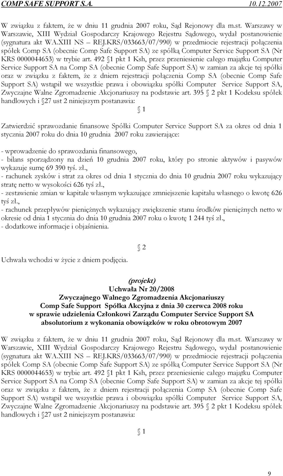 492 1 pkt 1 Ksh, przez przeniesienie całego majątku Computer Service Support SA na Comp SA (obecnie Comp Safe Support SA) w zamian za akcje tej spółki oraz w związku z faktem, że z dniem rejestracji