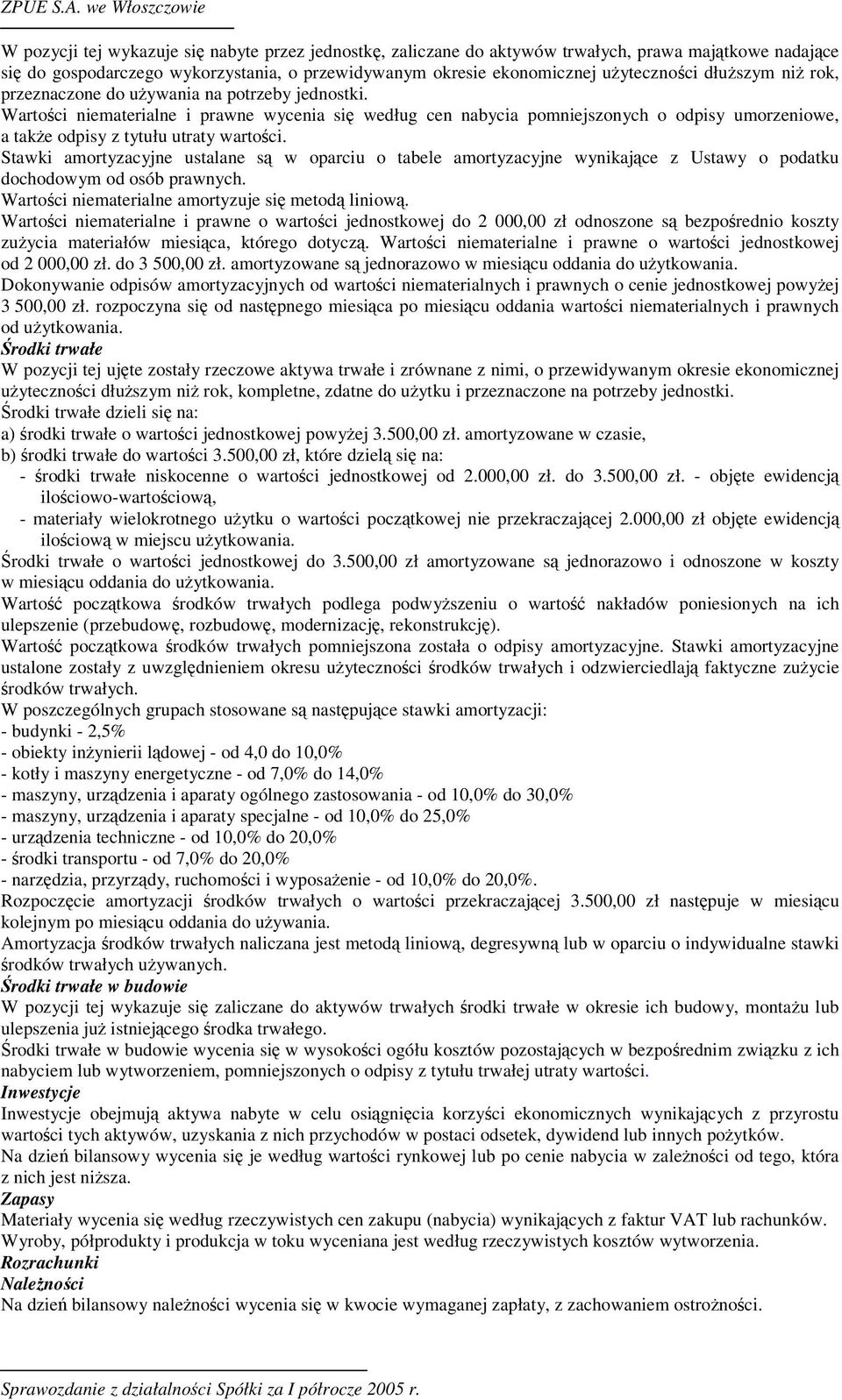 Stawki amortyzacyjne ustalane s w oparciu o tabele amortyzacyjne wynikajce z Ustawy o podatku dochodowym od osób prawnych. Wartoci niematerialne amortyzuje si metod liniow.