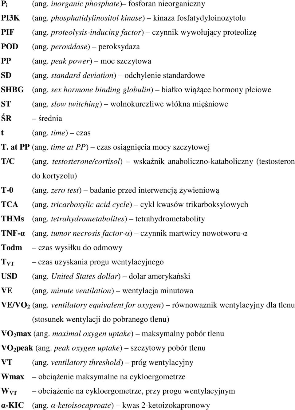 sex hormone binding globulin) białko wiążące hormony płciowe ST (ang. slow twitching) wolnokurczliwe włókna mięśniowe ŚR średnia t (ang. time) czas T. at PP (ang.