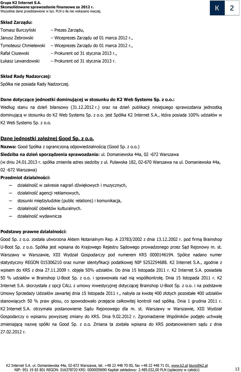 Dane dotyczące jednostki dominującej w stosunku do K2 Web Systems Sp. z o.o.: Według stanu na dzień bilansowy (31.12.2012 r.