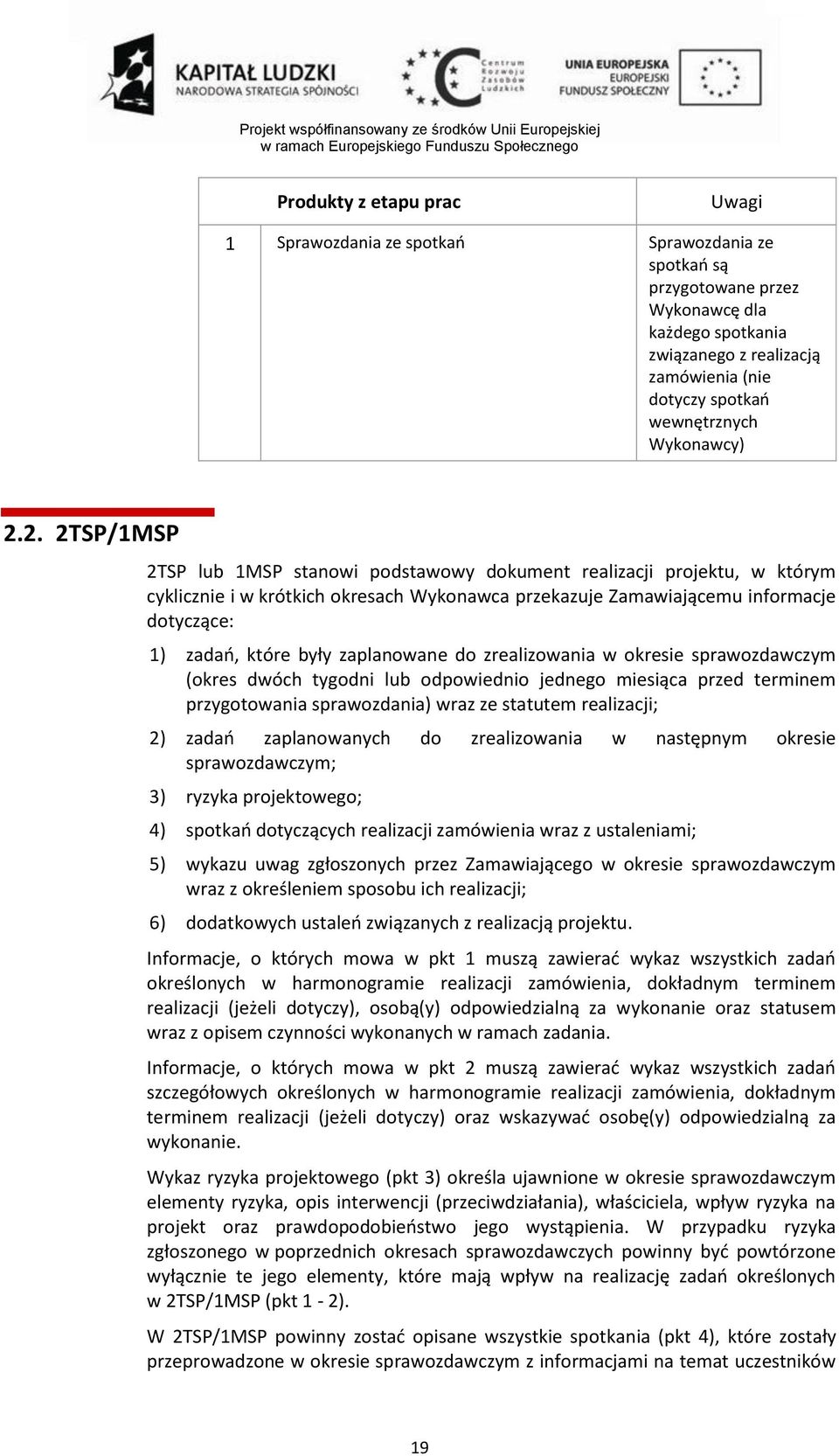 2. 2TSP/1MSP 2TSP lub 1MSP stanowi podstawowy dokument realizacji projektu, w którym cyklicznie i w krótkich okresach Wykonawca przekazuje Zamawiającemu informacje dotyczące: 1) zadań, które były