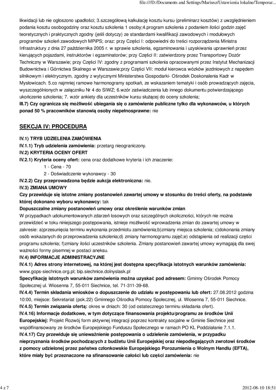 Części I: odpowiedni do treści rozporządzenia Ministra Infrastruktury z dnia 27 października 2005 r.