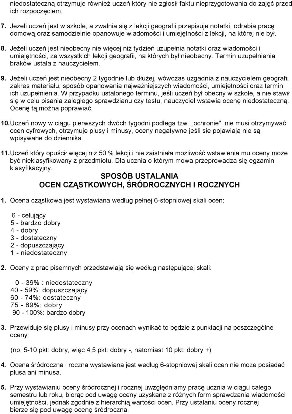 Jeżeli uczeń jest nieobecny nie więcej niż tydzień uzupełnia notatki oraz wiadomości i umiejętności, ze wszystkich lekcji geografii, na których był nieobecny.