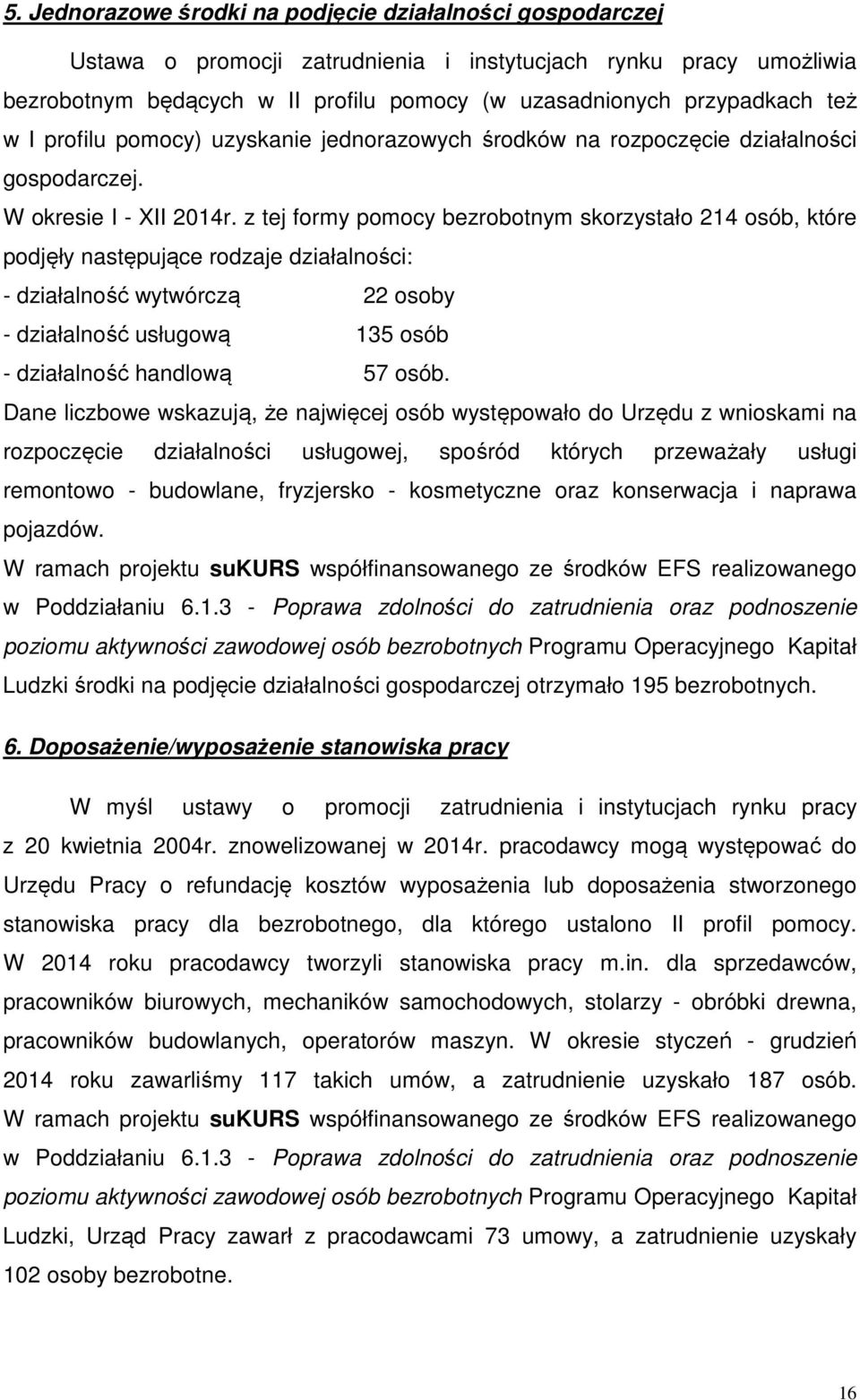 z tej formy pomocy bezrobotnym skorzystało 214 osób, które podjęły następujące rodzaje działalności: - działalność wytwórczą 22 osoby - działalność usługową 135 osób - działalność handlową 57 osób.