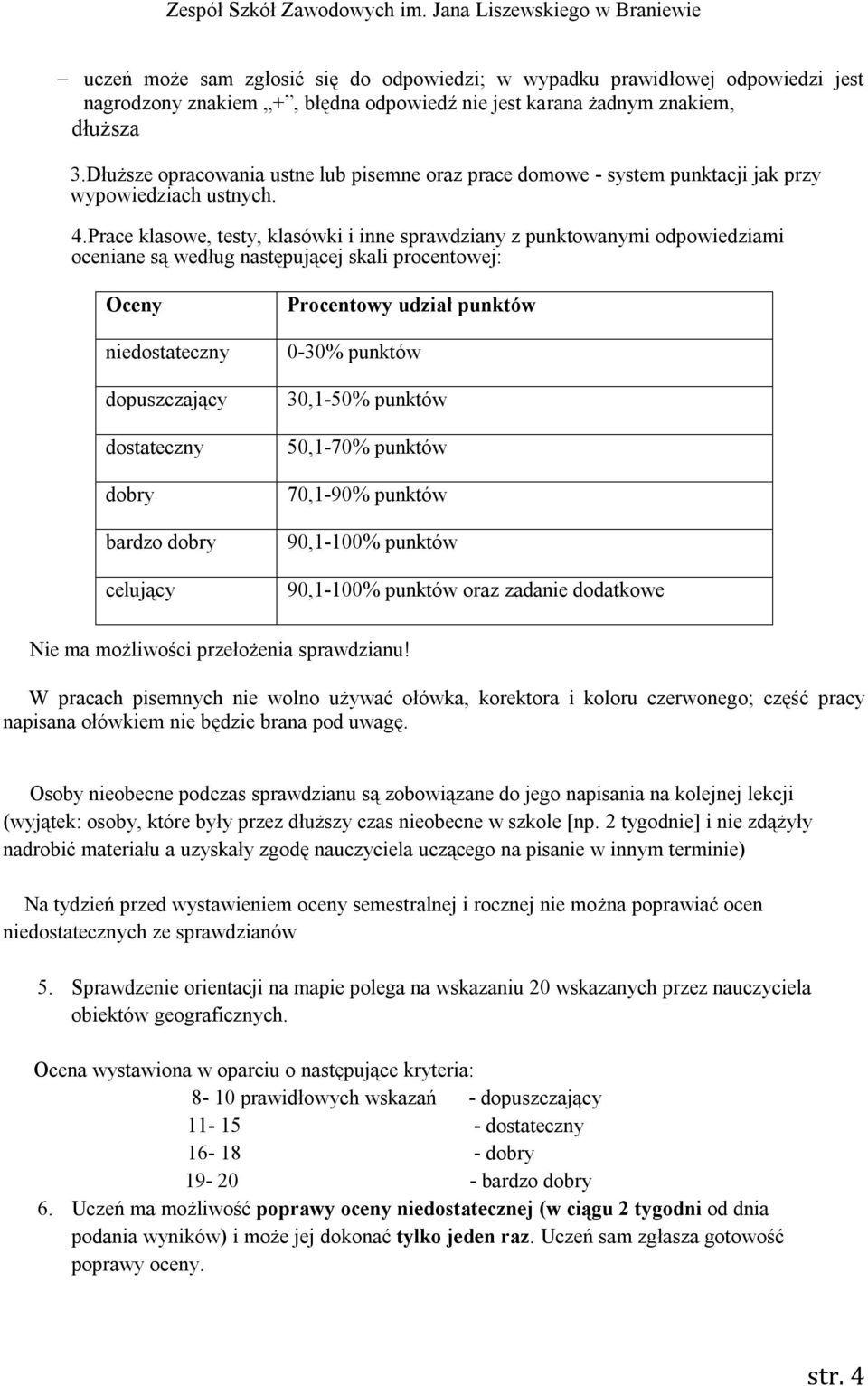 Prace klasowe, testy, klasówki i inne sprawdziany z punktowanymi odpowiedziami oceniane są według następującej skali procentowej: Oceny niedostateczny dopuszczający dostateczny dobry bardzo dobry