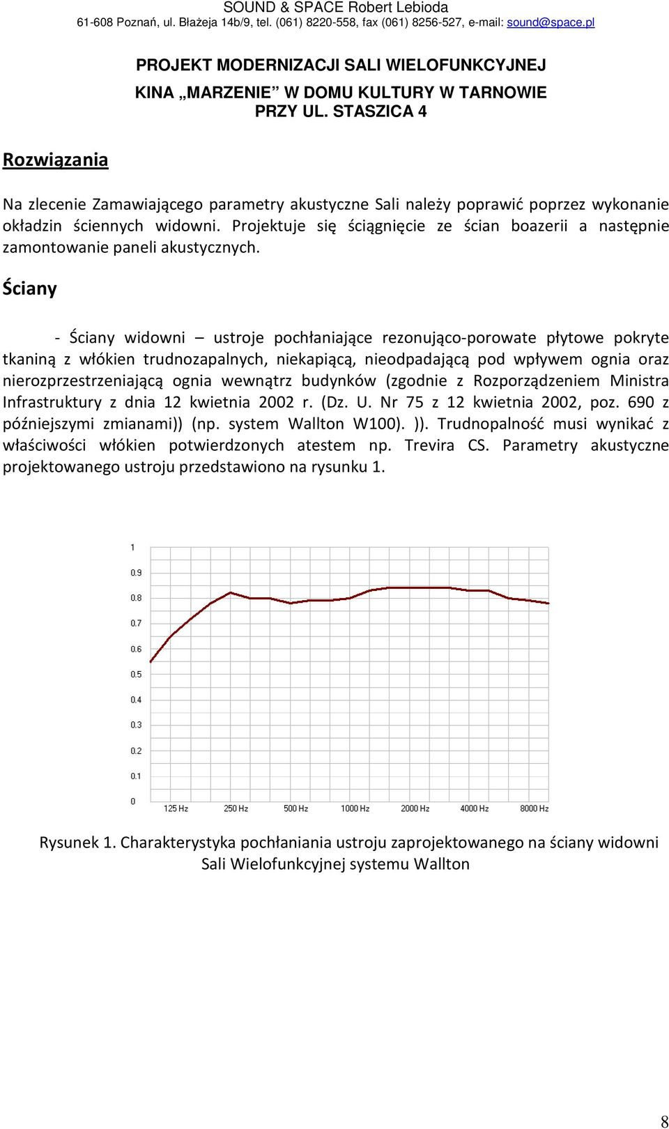 Ściany - Ściany widowni ustroje pochłaniające rezonująco-porowate płytowe pokryte tkaniną z włókien trudnozapalnych, niekapiącą, nieodpadającą pod wpływem ognia oraz nierozprzestrzeniającą ognia