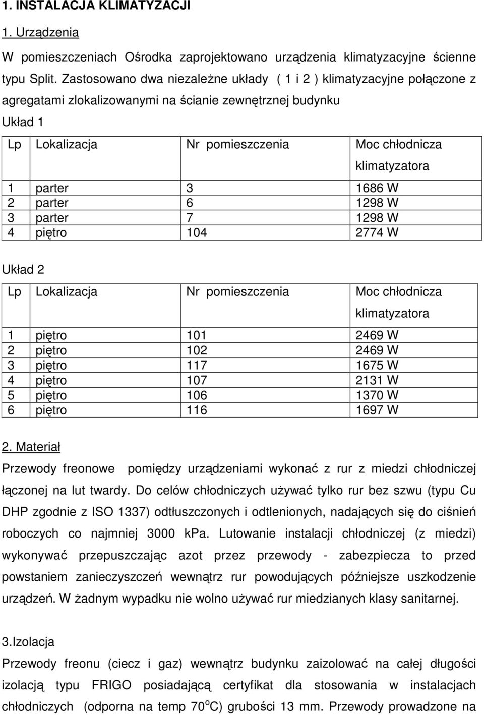 parter 3 1686 W 2 parter 6 1298 W 3 parter 7 1298 W 4 piętro 104 2774 W Układ 2 Lp Lokalizacja Nr pomieszczenia Moc chłodnicza klimatyzatora 1 piętro 101 2469 W 2 piętro 102 2469 W 3 piętro 117 1675