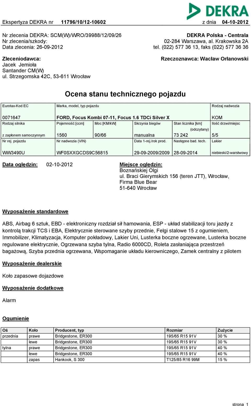 Strzegomska 4C, 53-6 Wrocław Rzeczoznawca: Wacław Orłanowski Ocena stanu technicznego pojazdu Eurotax-Kod EC Marka, model, typ pojazdu 007647 FORD, Focus Kombi 07-, Focus.