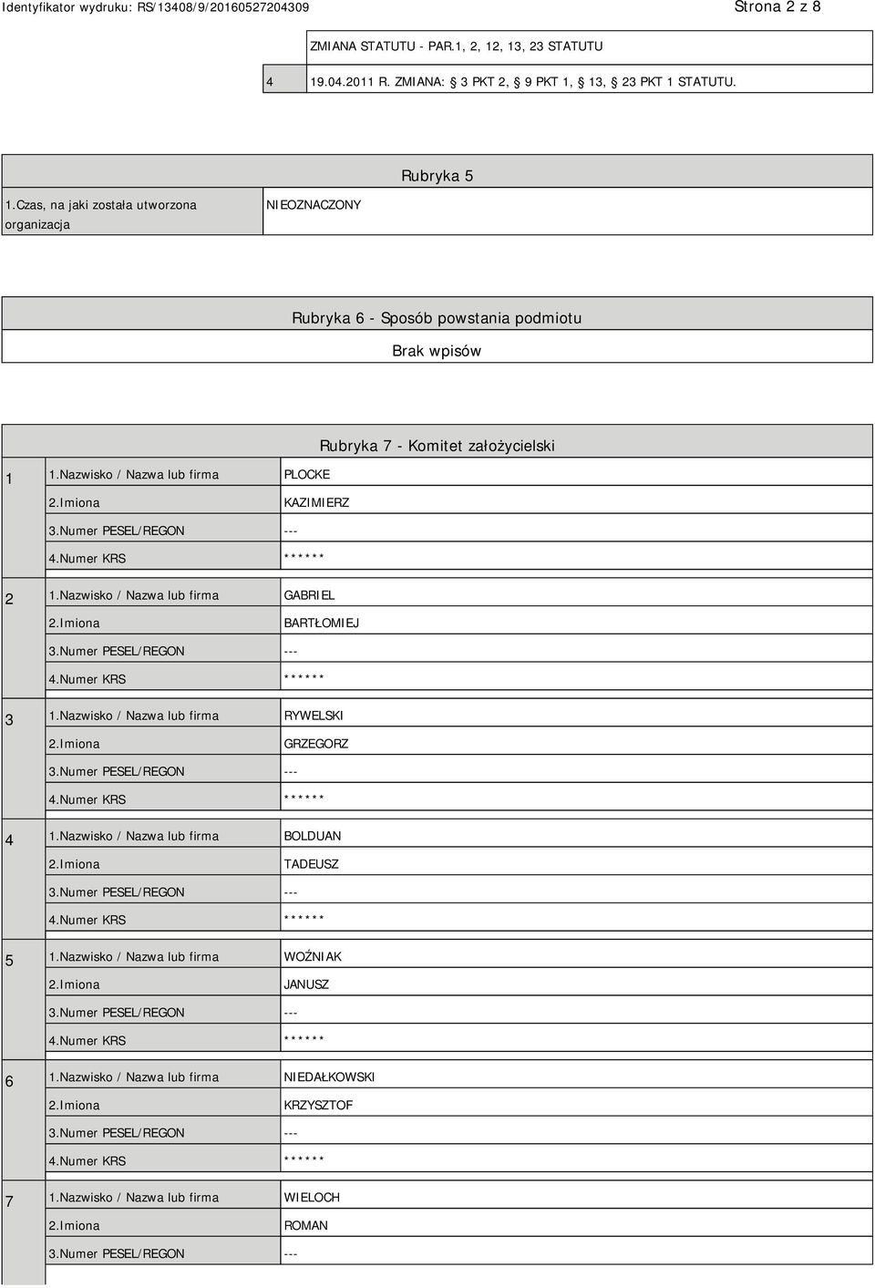 Nazwisko / Nazwa lub firma PLOCKE Rubryka 7 - Komitet założycielski KAZIMIERZ 2 1.Nazwisko / Nazwa lub firma GABRIEL BARTŁOMIEJ 3 1.