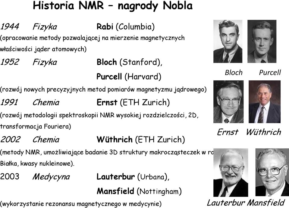 wysokiej rozdzielczości, 2D, transformacja Fouriera) 2002 Chemia Wüthrich (ETH Zurich) (metody NMR, umożliwiające badanie 3D struktury makrocząsteczek w roztworach