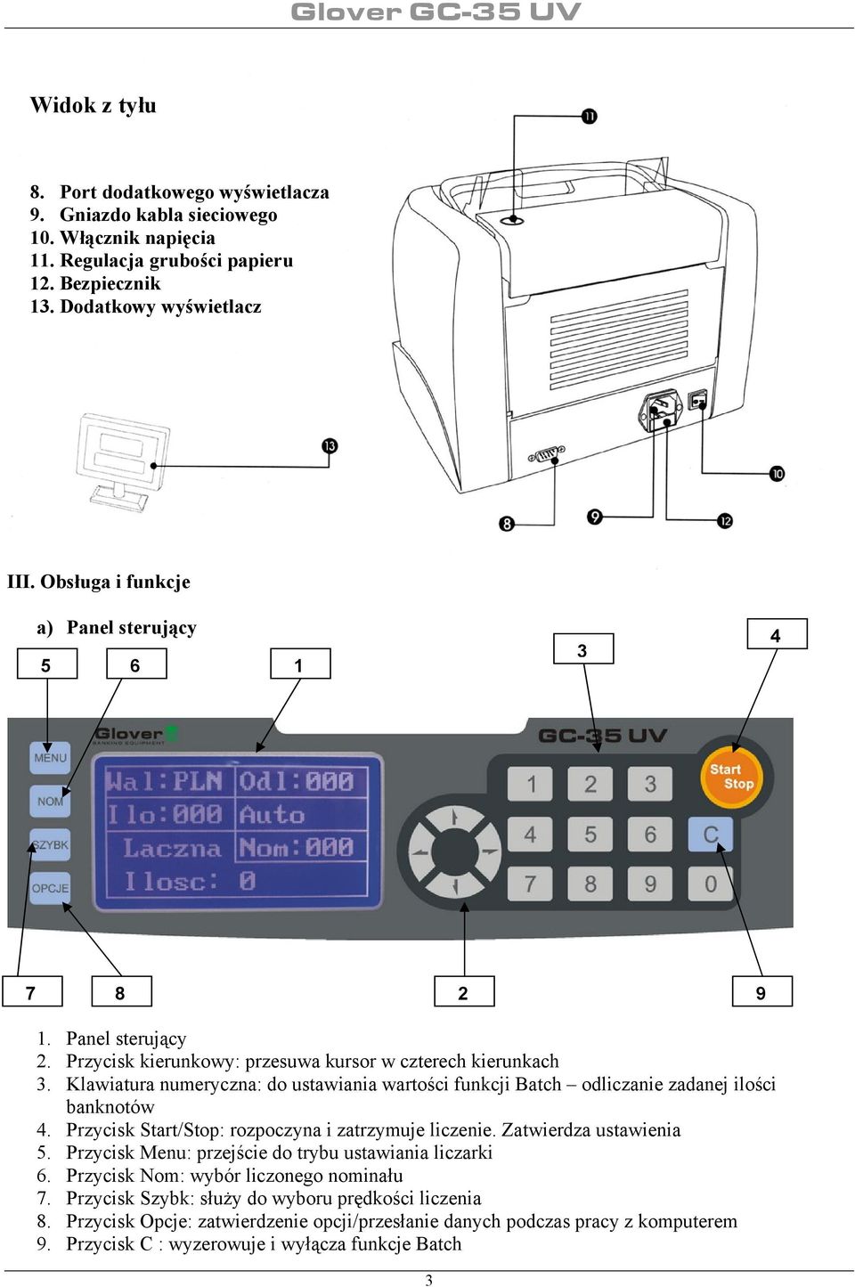 Klawiatura numeryczna: do ustawiania wartości funkcji Batch odliczanie zadanej ilości banknotów 4. Przycisk Start/Stop: rozpoczyna i zatrzymuje liczenie. Zatwierdza ustawienia 5.