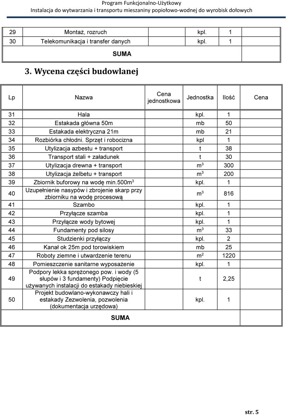 na wodę min.500m 3 kpl. 1 40 Uzupełnienie nasypów i zbrojenie skarp przy zbiorniku na wodę procesową m 3 816 41 Szambo kpl. 1 42 Przyłącze szamba kpl. 1 43 Przyłącze wody bytowej kpl.