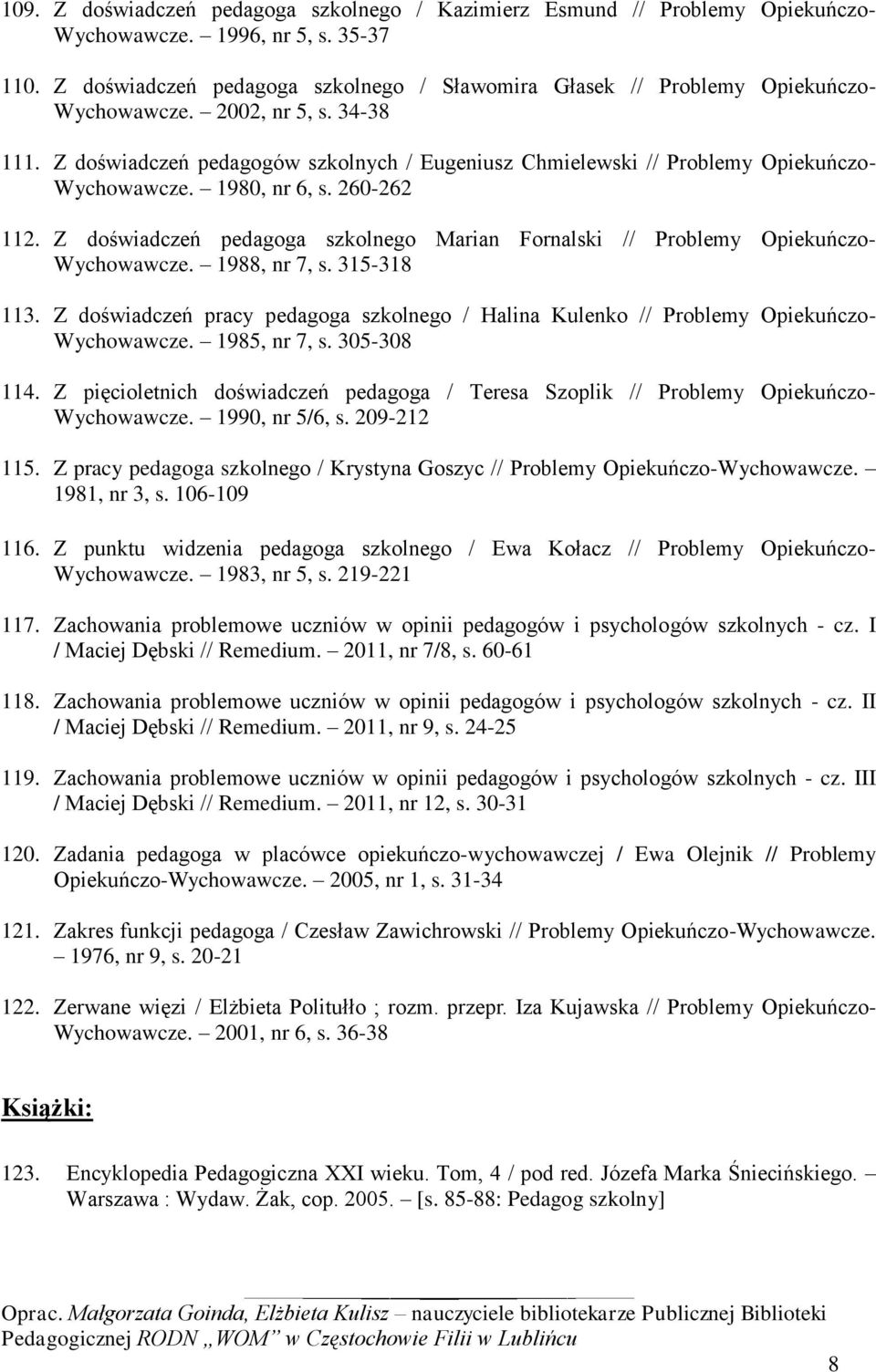 Z doświadczeń pedagogów szkolnych / Eugeniusz Chmielewski // Problemy Opiekuńczo- Wychowawcze. 1980, nr 6, s. 260-262 112.