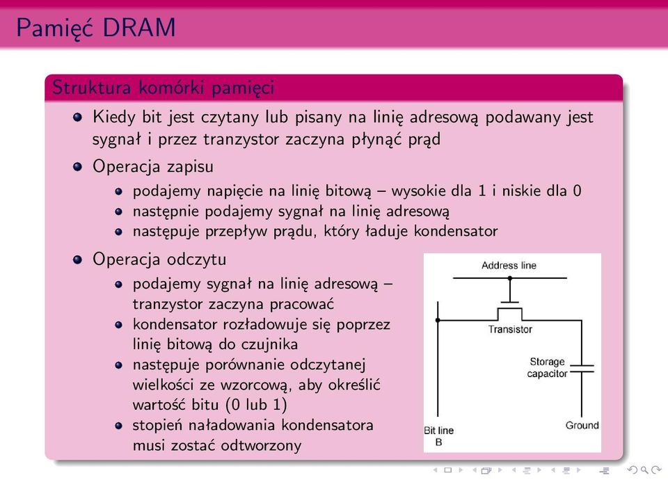 który ładuje kondensator Operacja odczytu podajemy sygnał na linię adresową tranzystor zaczyna pracować kondensator rozładowuje się poprzez linię bitową