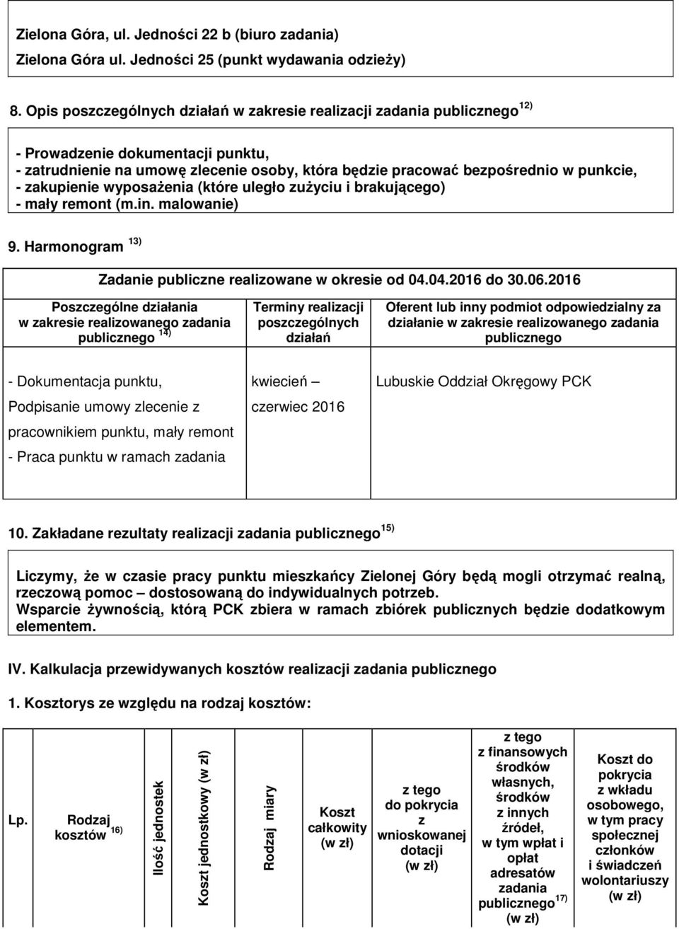 zakupienie wyposażenia (które uległo zużyciu i brakującego) - mały remont (m.in. malowanie) 9. Harmonogram 13) Zadanie publiczne realizowane w okresie od 4.4.216 