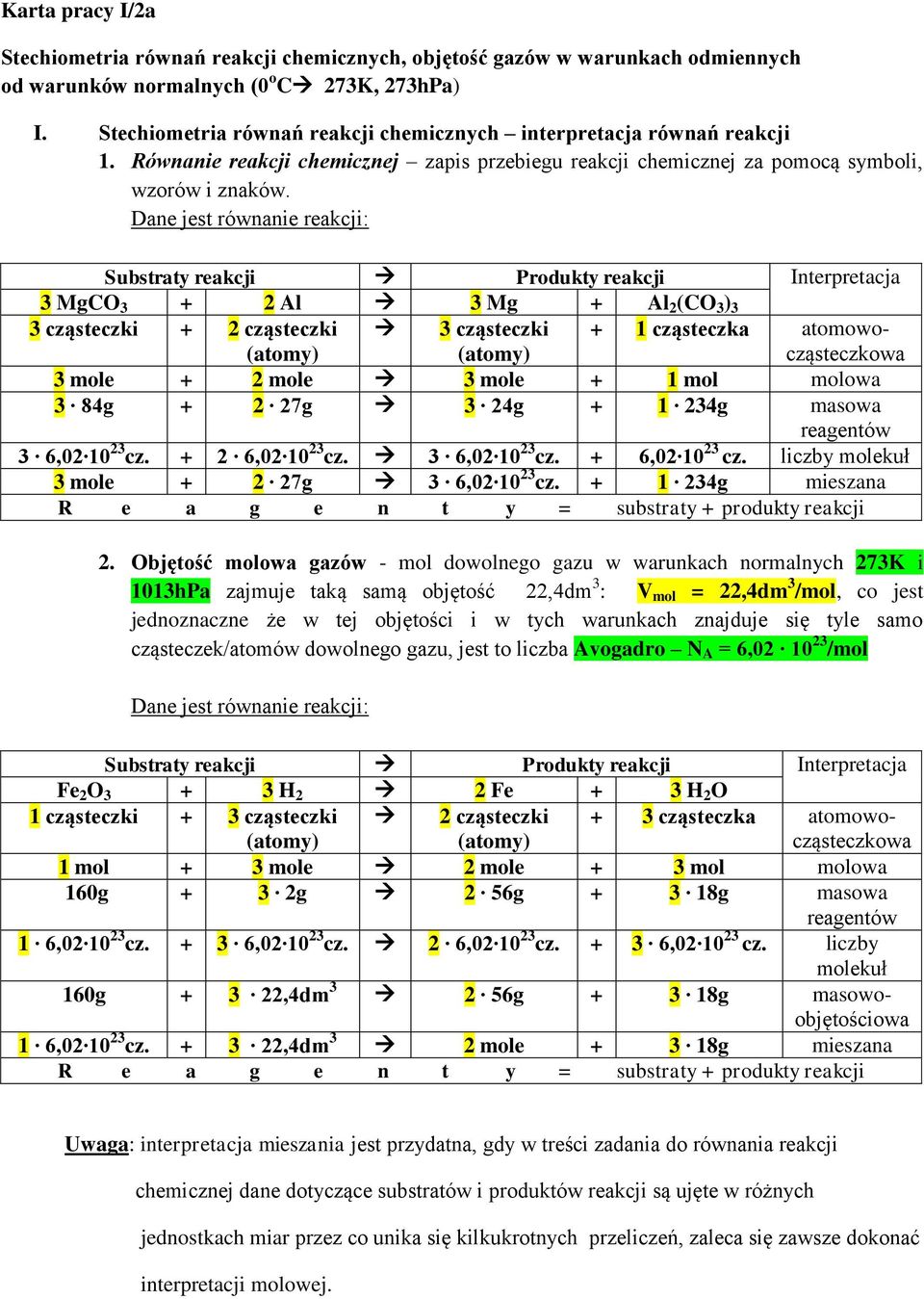 Dane jest równanie reakcji: Substraty reakcji Produkty reakcji Interpretacja 3 MgCO 3 + 2 Al 3 Mg + Al 2 (CO 3 ) 3 3 cząsteczki + 2 cząsteczki 3 cząsteczki + 1 cząsteczka atomowocząsteczkowa 3 mole +