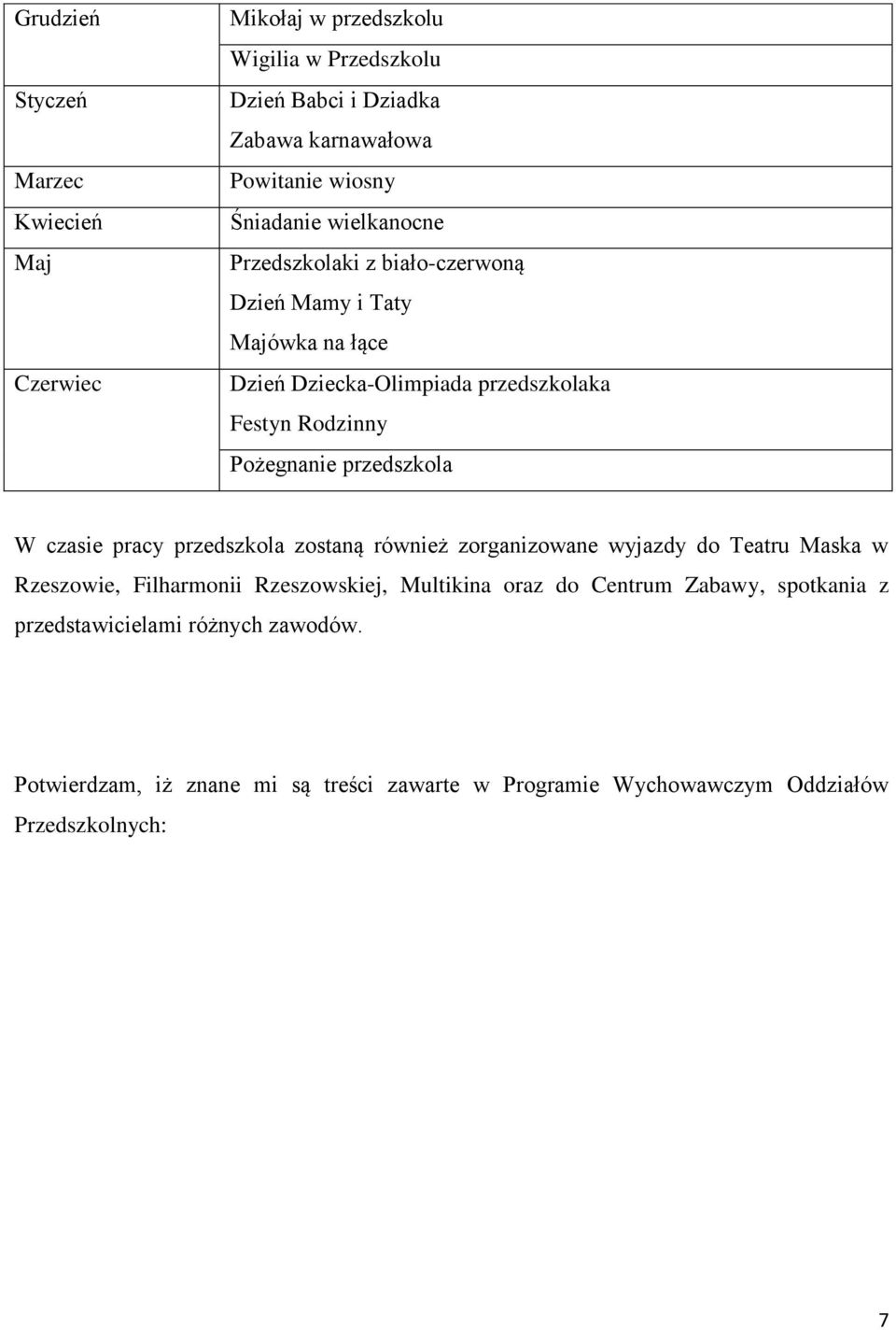 przedszkola W czasie pracy przedszkola zostaną również zorganizowane wyjazdy do Teatru Maska w Rzeszowie, Filharmonii Rzeszowskiej, Multikina oraz do