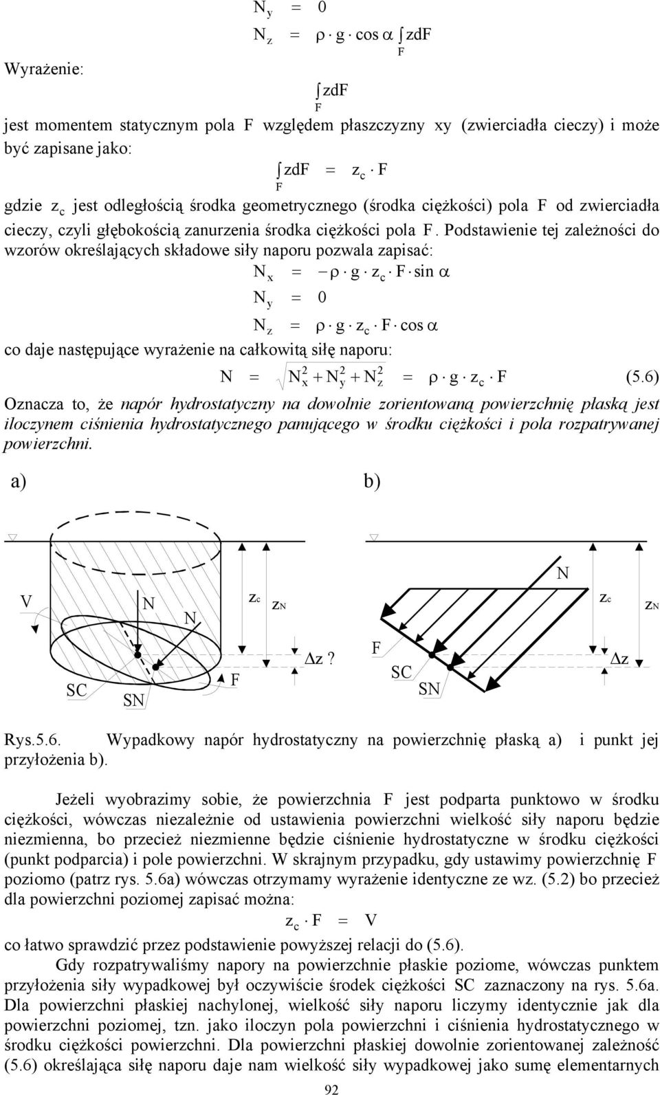 Podstawienie tej ależności do worów określającch składowe sił naporu powala apisać: ρ g c sin α 0 ρ g c cos α co daje następujące wrażenie na całkowitą siłę naporu: + + ρ g c (5.