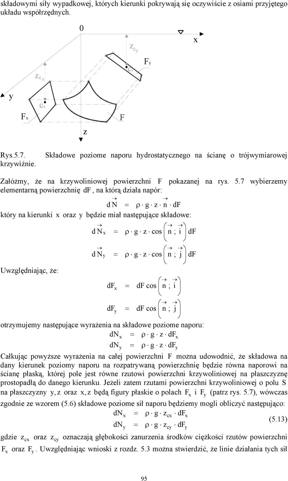 7 wbierem elementarną powierchnię d, na którą diała napór: d ρ g n d któr na kierunki ora będie miał następujące składowe: d ρ g cos n ; i d d ρ g cos n ; j d Uwględniając, że: d d cos n ; i d d cos