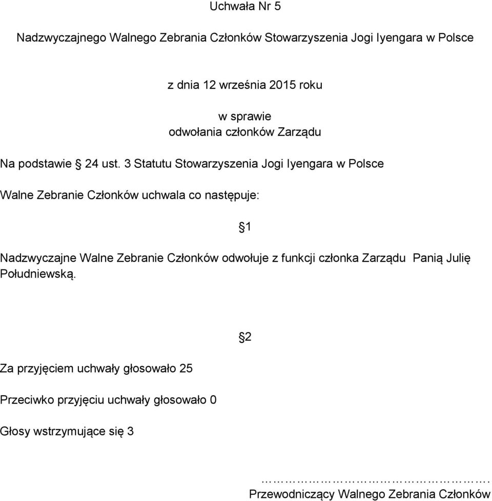 Zebranie Członków odwołuje z funkcji członka Zarządu Panią Julię