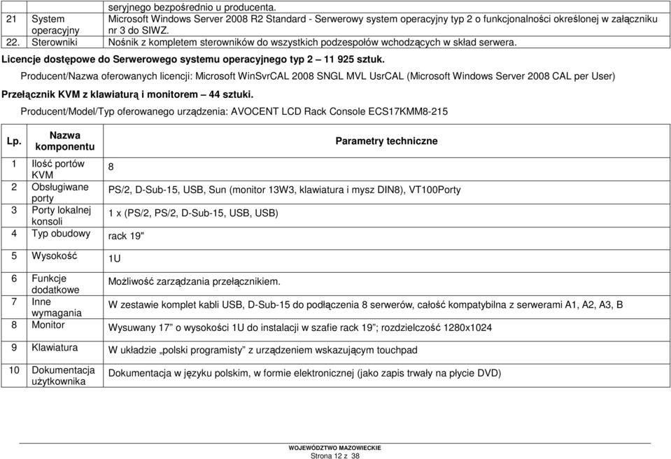 Producent/ oferowanych licencji: Microsoft WinSvrCAL 2008 SNGL MVL UsrCAL (Microsoft Windows Server 2008 CAL per User) Przełącznik KVM z klawiaturą i monitorem 44 sztuki. Lp.