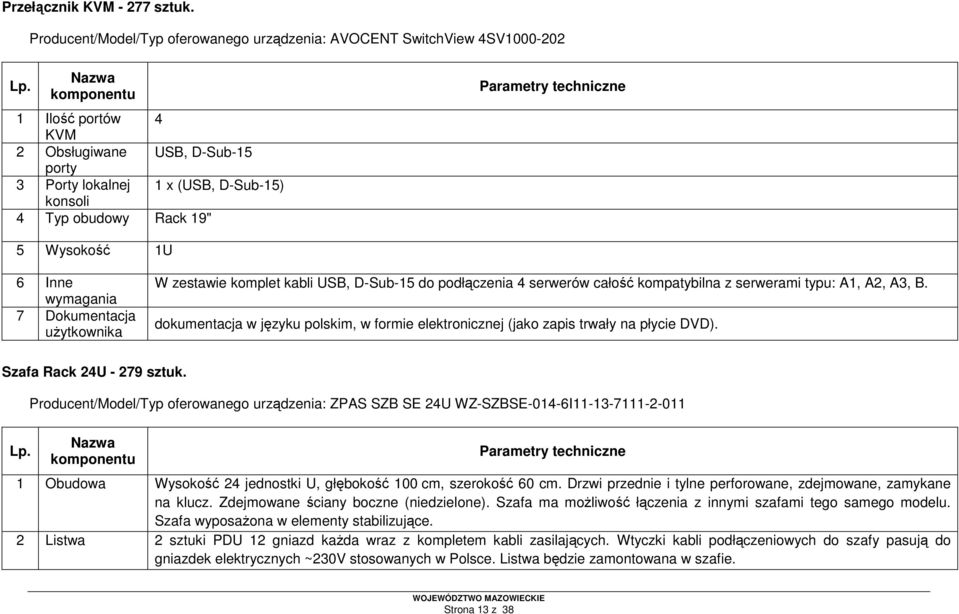 D-Sub-15 do podłączenia 4 serwerów całość kompatybilna z serwerami typu: A1, A2, A3, B. dokumentacja w języku polskim, w formie elektronicznej (jako zapis trwały na płycie DVD).