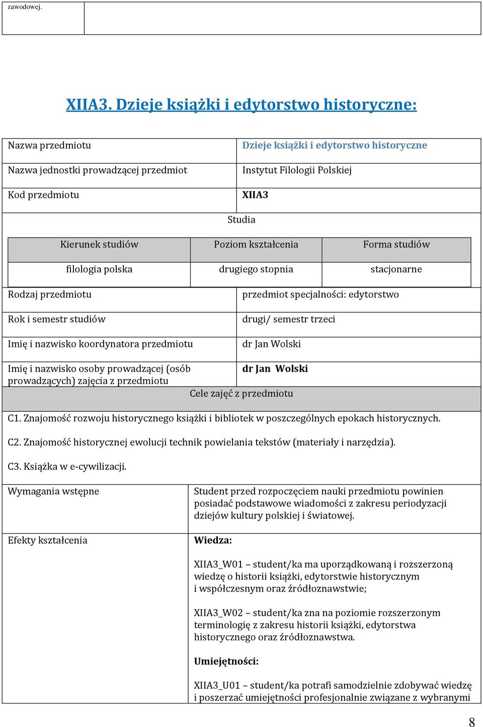 Kierunek studiów Poziom kształcenia Forma studiów filologia polska drugiego stopnia stacjonarne Rodzaj przedmiotu Rok i semestr studiów Imię i nazwisko koordynatora przedmiotu przedmiot specjalności: