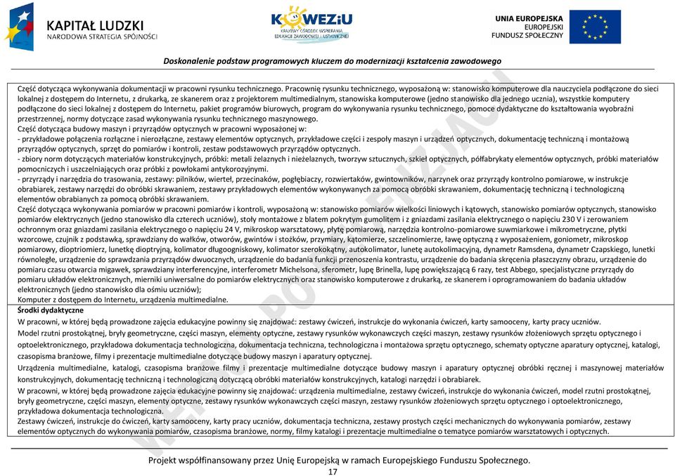 stanowiska komputerowe (jedno stanowisko dla jednego ucznia), wszystkie komputery podłączone do sieci lokalnej z dostępem do Internetu, pakiet programów biurowych, program do wykonywania rysunku