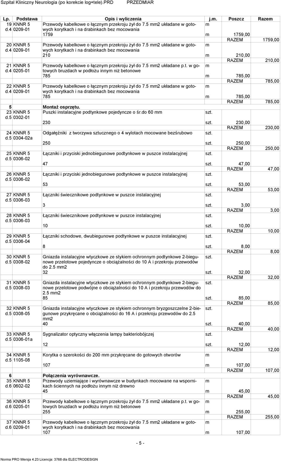 009-0 korytkach i na drabinkach bez ocowania 0 0,00 RAZEM 0,00 KNNR 5 Przewody kabelkowe o łączny przekroju żył do 7.5 układane p.t. w gotowych d.