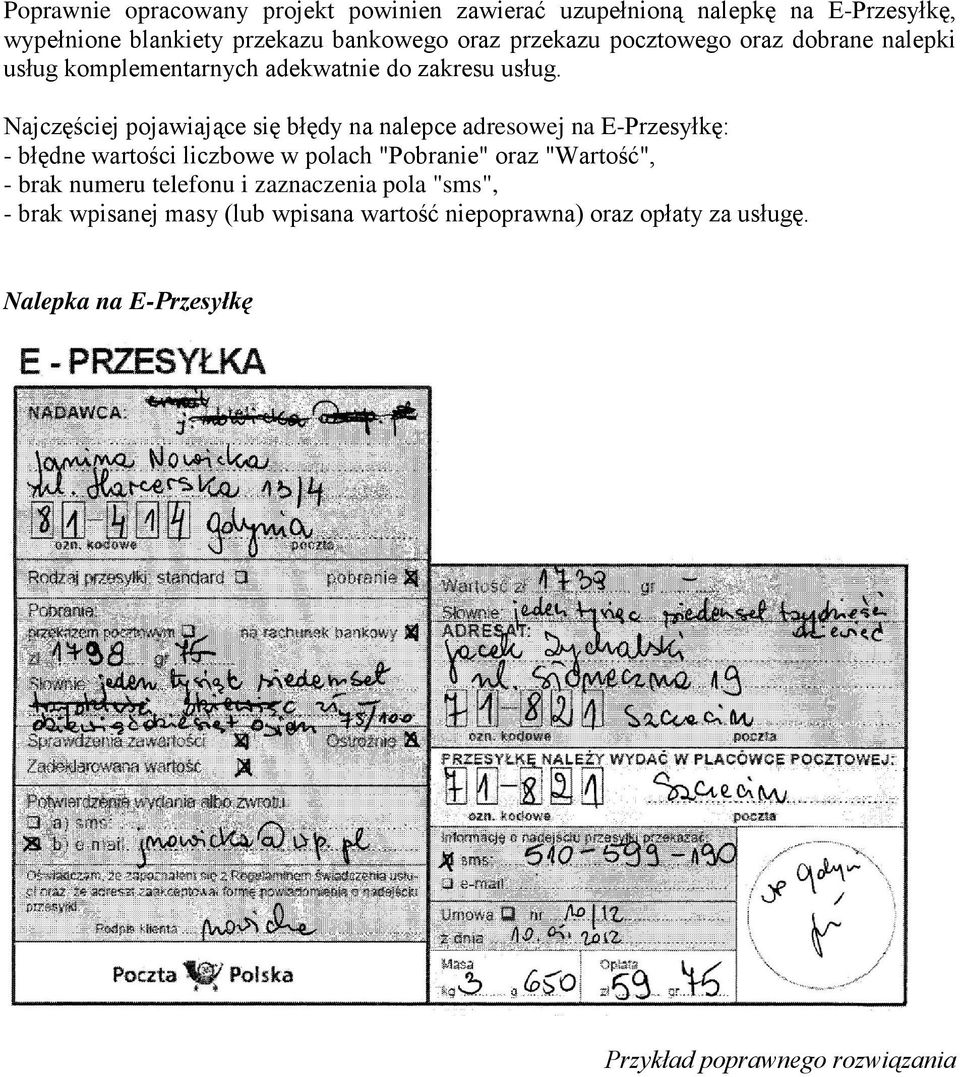 Najczęściej pojawiające się błędy na nalepce adresowej na E-Przesyłkę: - błędne wartości liczbowe w polach "Pobranie" oraz "Wartość",