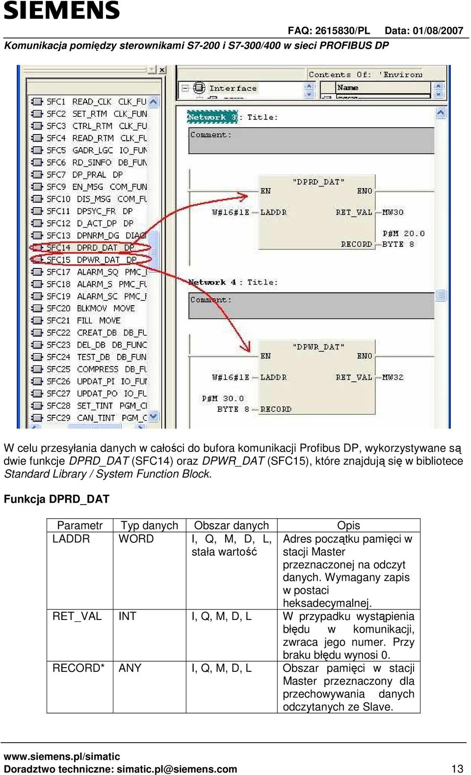 Funkcja DPRD_DAT Parametr Typ danych Obszar danych Opis LADDR WORD I, Q, M, D, L, stała wartość Adres początku pamięci w stacji Master przeznaczonej na odczyt danych.