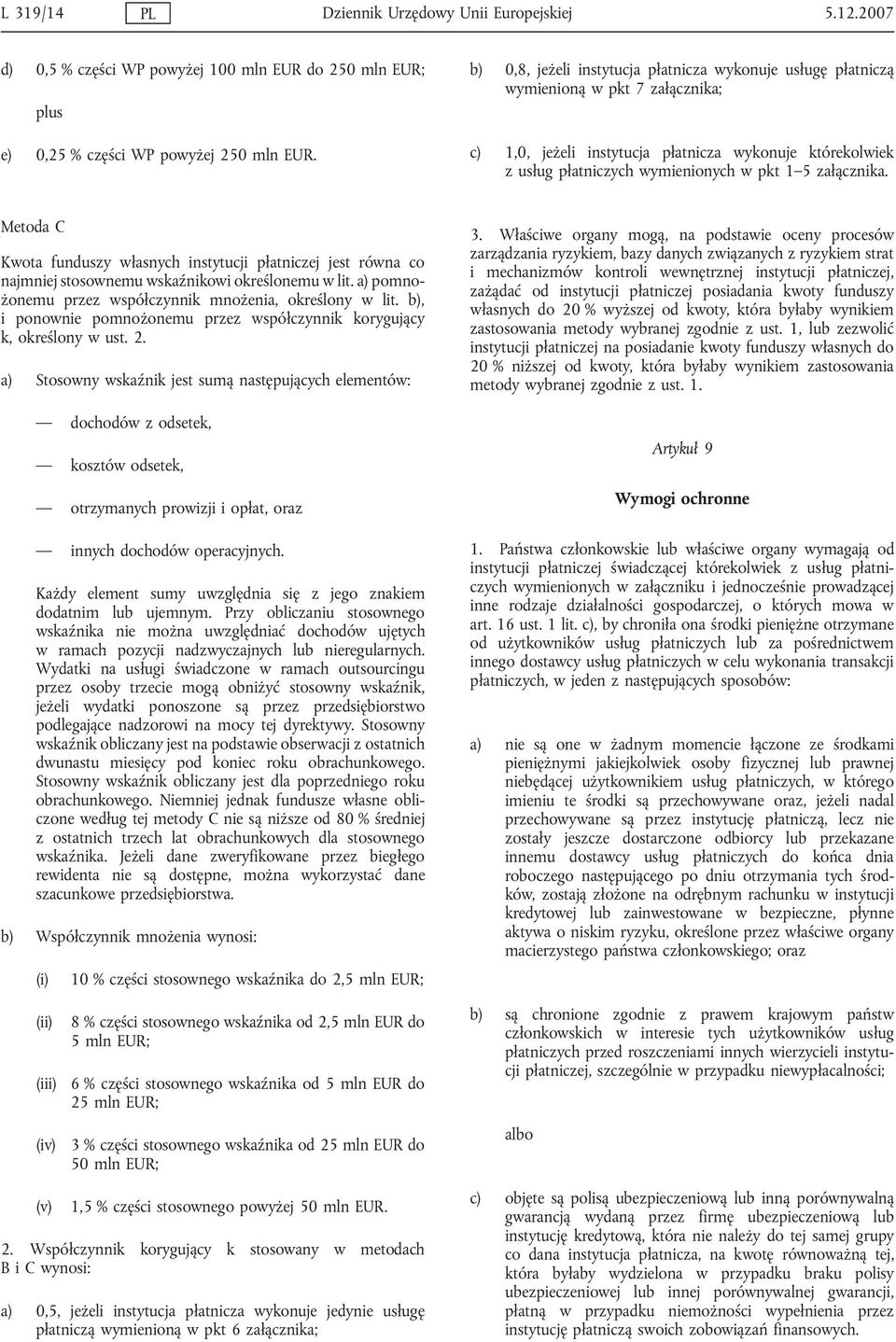 załącznika. Metoda C Kwota funduszy własnych instytucji płatniczej jest równa co najmniej stosownemu wskaźnikowi określonemu w lit. a) pomnożonemu przez współczynnik mnożenia, określony w lit.