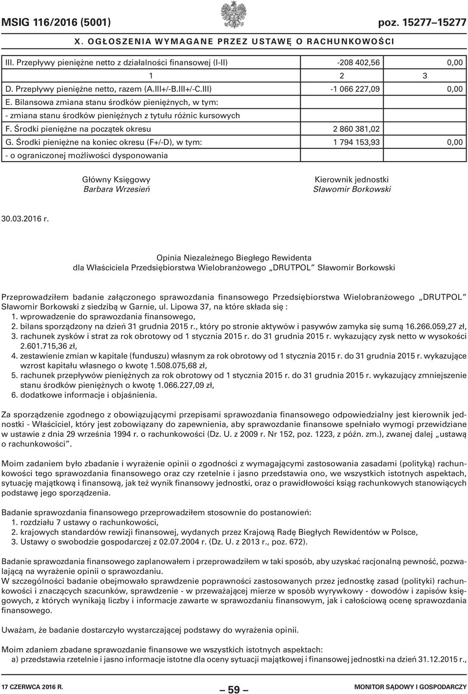 Środki pieniężne na koniec okresu (F+/-D), w tym: 1 794 153,93 0,00 - o ograniczonej możliwości dysponowania Główny Księgowy Barbara Wrzesień Kierownik jednostki 30.03.2016 r.