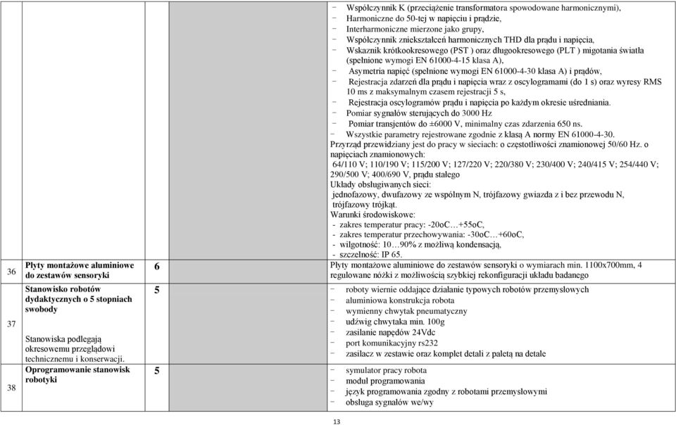 Współczynnik zniekształceń harmonicznych THD dla prądu i napięcia, - Wskaznik krótkookresowego (PST ) oraz długookresowego (PLT ) migotania światła (spełnione wymogi EN 61000-4-15 klasa A), -