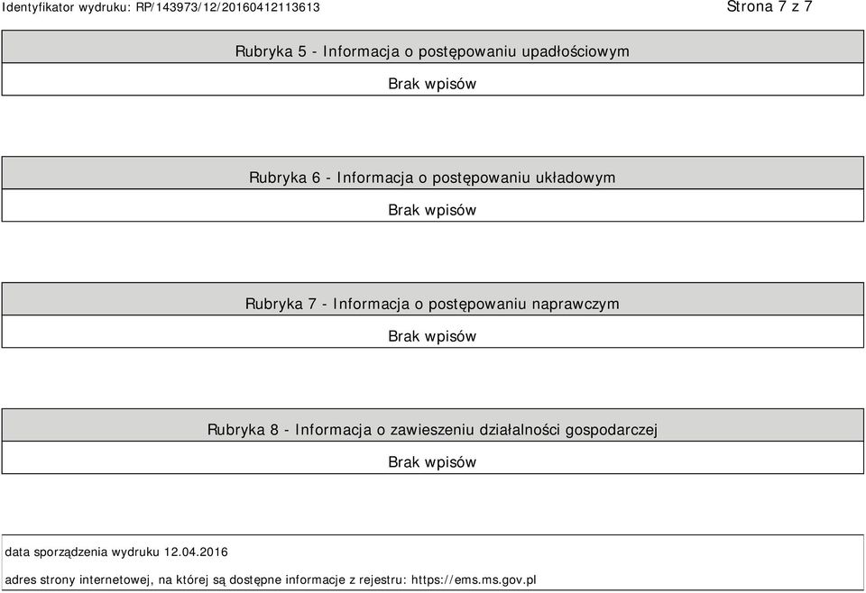 Informacja o zawieszeniu działalności gospodarczej data sporządzenia wydruku 12.04.