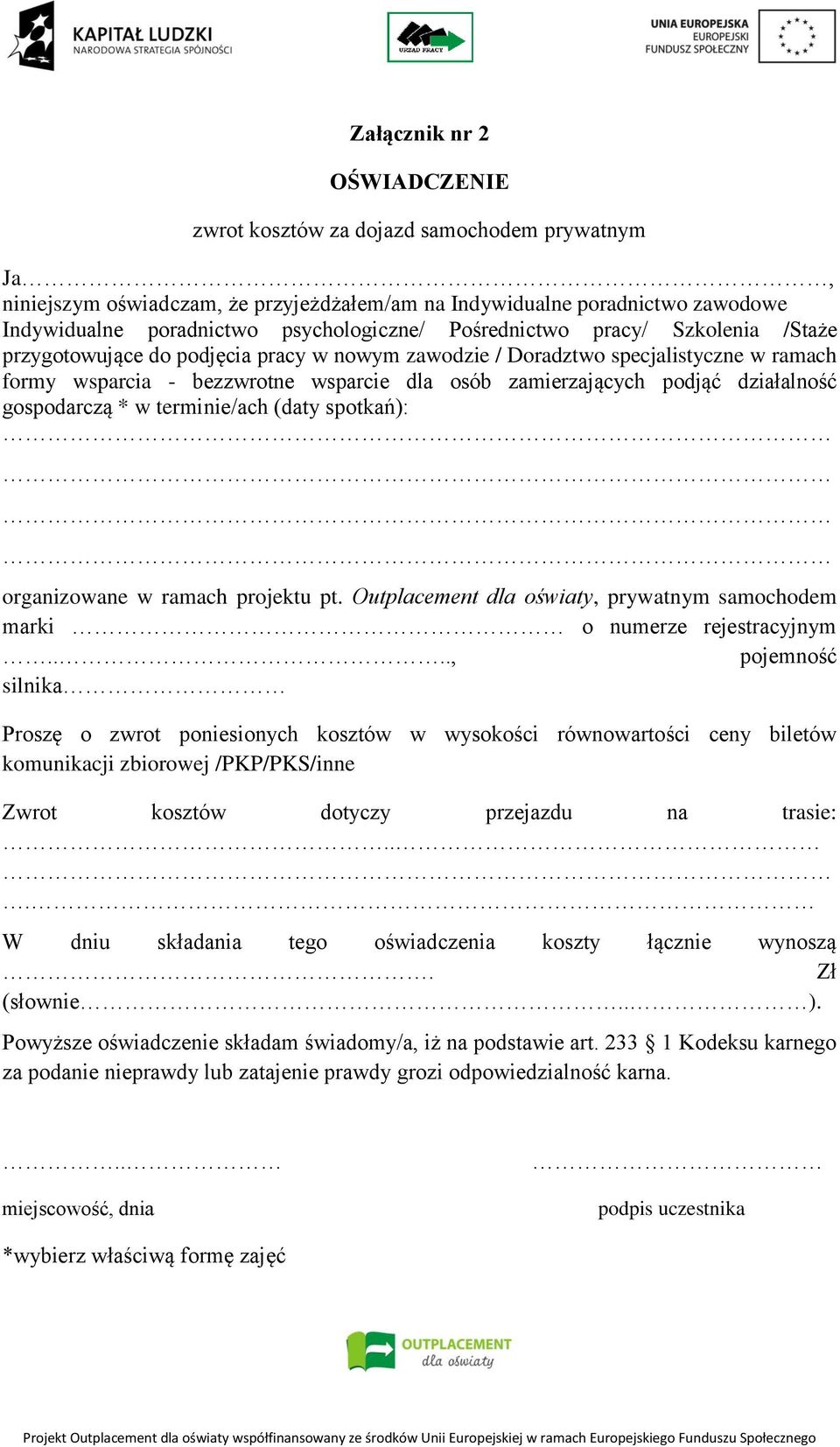 działalność gospodarczą * w terminie/ach (daty spotkań): organizowane w ramach projektu pt. Outplacement dla oświaty, prywatnym samochodem marki o numerze rejestracyjnym.