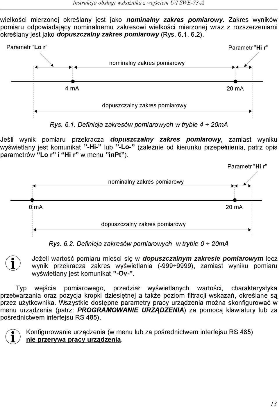 Parametr Lo r Parametr H r nomnalny zakres pomarowy 4 ma 20 ma dopuszczalny zakres pomarowy Rys. 6.1.