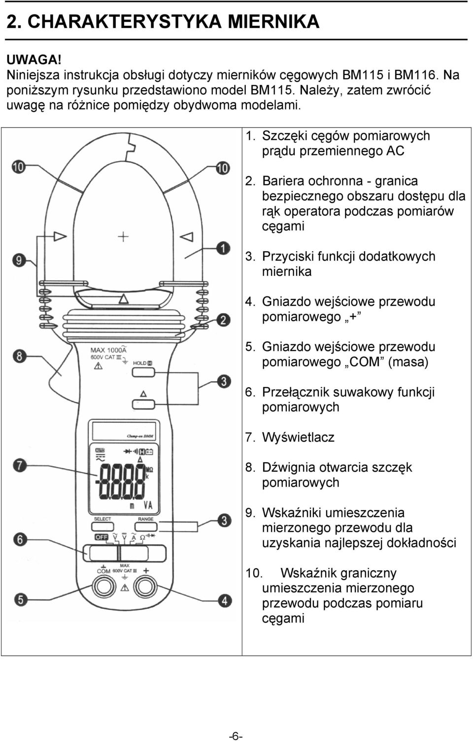 Bariera ochronna - granica bezpiecznego obszaru dostępu dla rąk operatora podczas pomiarów cęgami 3. Przyciski funkcji dodatkowych miernika 4. Gniazdo wejściowe przewodu pomiarowego + 5.