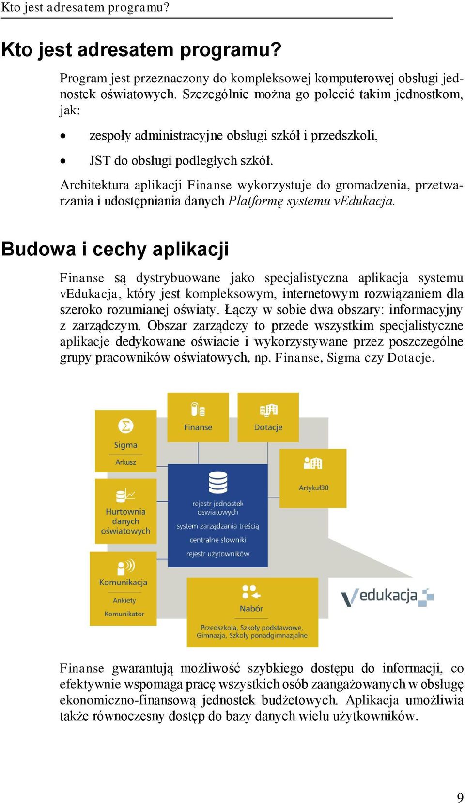 Architektura aplikacji Finanse wykorzystuje do gromadzenia, przetwarzania i udostępniania danych Platformę systemu vedukacja.