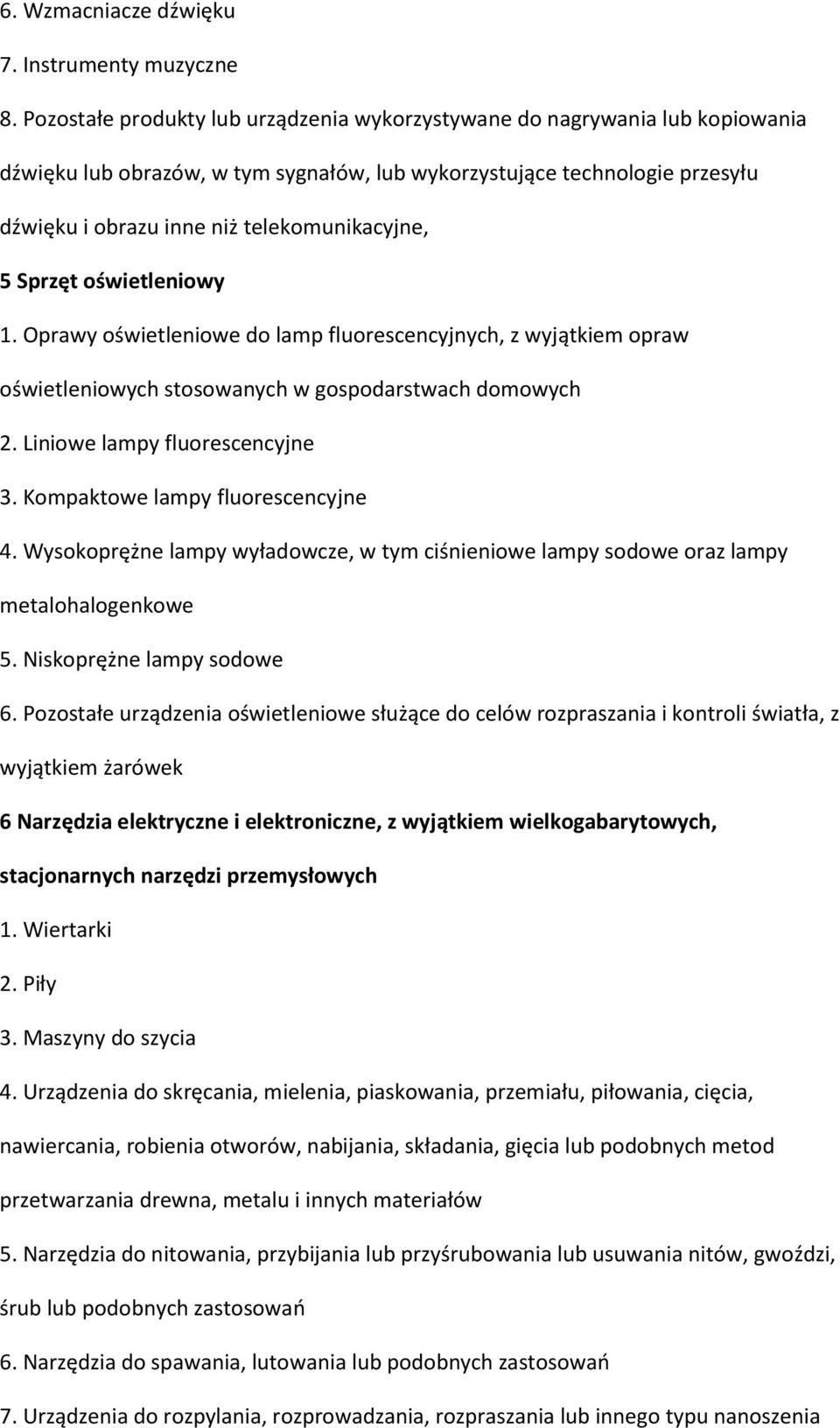 5 Sprzęt oświetleniowy 1. Oprawy oświetleniowe do lamp fluorescencyjnych, z wyjątkiem opraw oświetleniowych stosowanych w gospodarstwach domowych 2. Liniowe lampy fluorescencyjne 3.